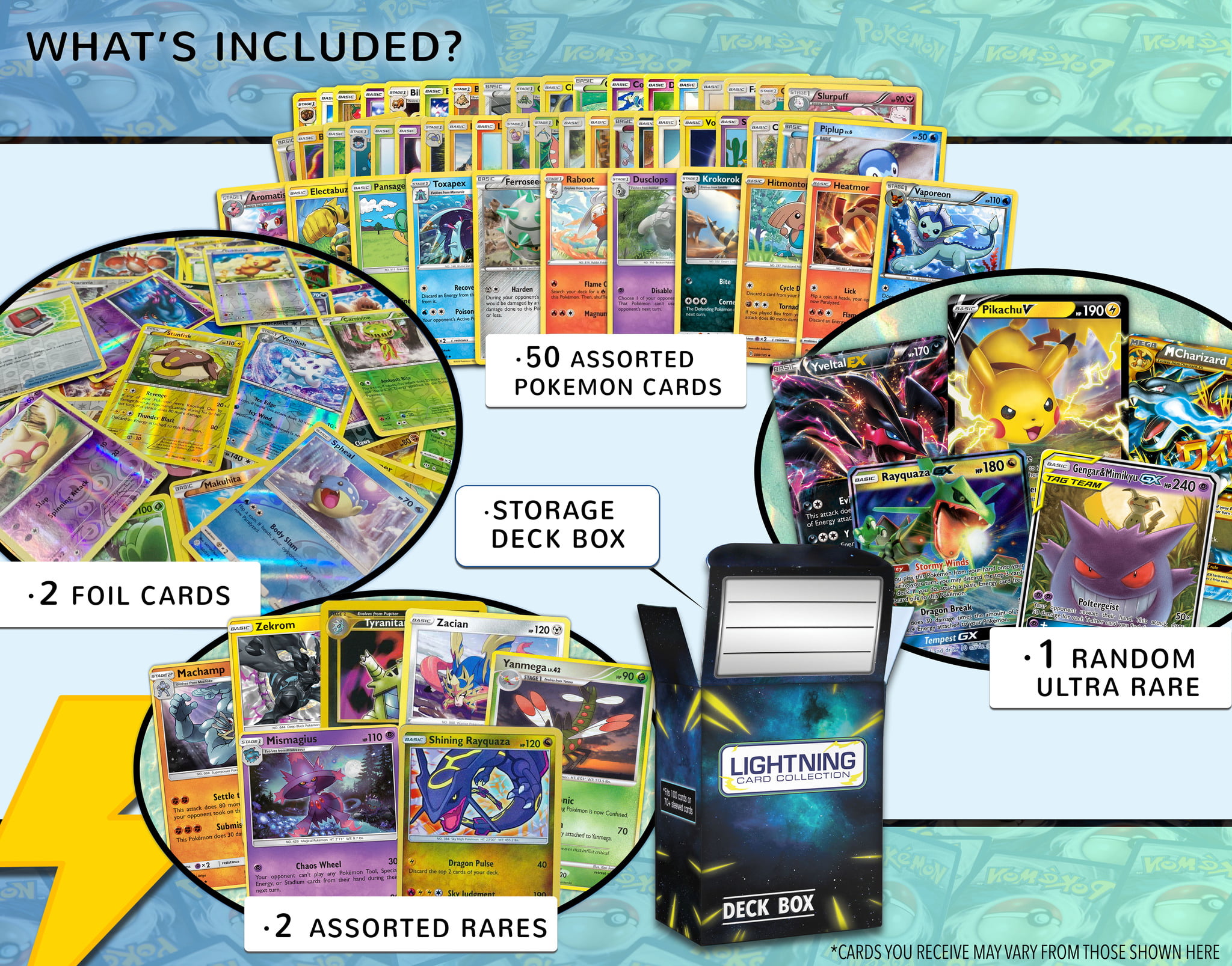 Lightning Card Collection's Ultra Rare Bundle- 50 Cards That includes a  Foil Card, Rare Card, and a Random Legendary Ultra-Rare Card and a Deck Box