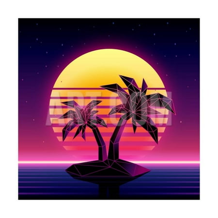 Retro Futuristic Background 1980S Style. Digital Palm Tree on a Cyber Ocean in the Computer World. Print Wall Art By More Trendy Design