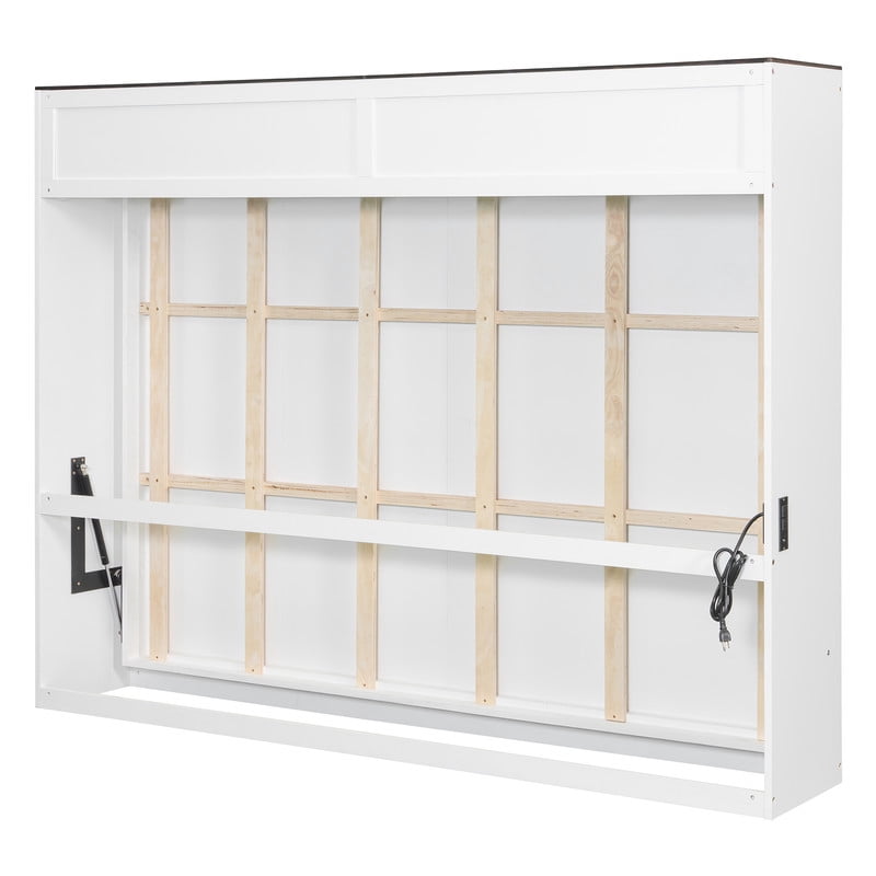 Queen Size Wood Murphy Bed with Hidden Folding Platfom Bed, Wall Cabinet Bed Frame with Shelf Top & Side Charging Station