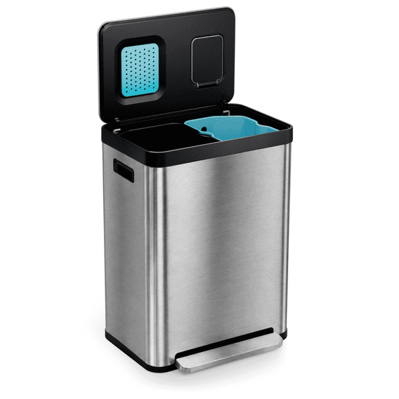 Home Zone Living 19 Gallon Dual Compartment Kitchen Trash Can with CleanAura Odor Control and Recycling Flap, Stainless Steel, Silver