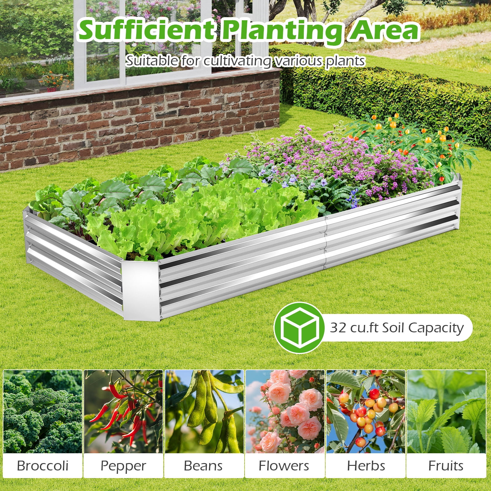 Gymax 8 x 4 x 1FT Galvanized Raised Garden Bed Heavy-Duty Elevated Rectangle Plant Box
