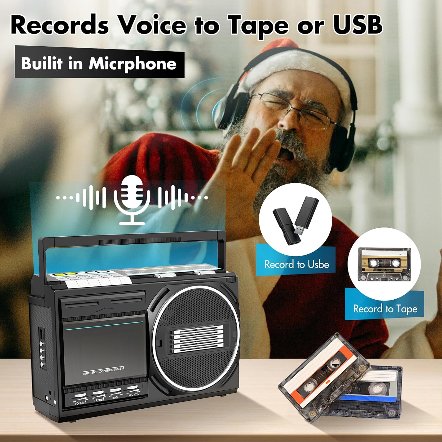 Portable Boombox Cassette Player Combo with Bluetooth,Retro Radio FM/AM/SW,Tape/USB Converter,Earphone Jack,Sound Amplifier,DC/AC Powered,Built-in MIC for Voice Recording,Great Gift for Seniors Kids