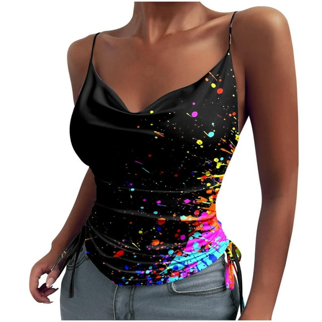 Pompotops Débardeur Imprimé Mode pour Femmes Blouse Sans Manches Bretelles Tops