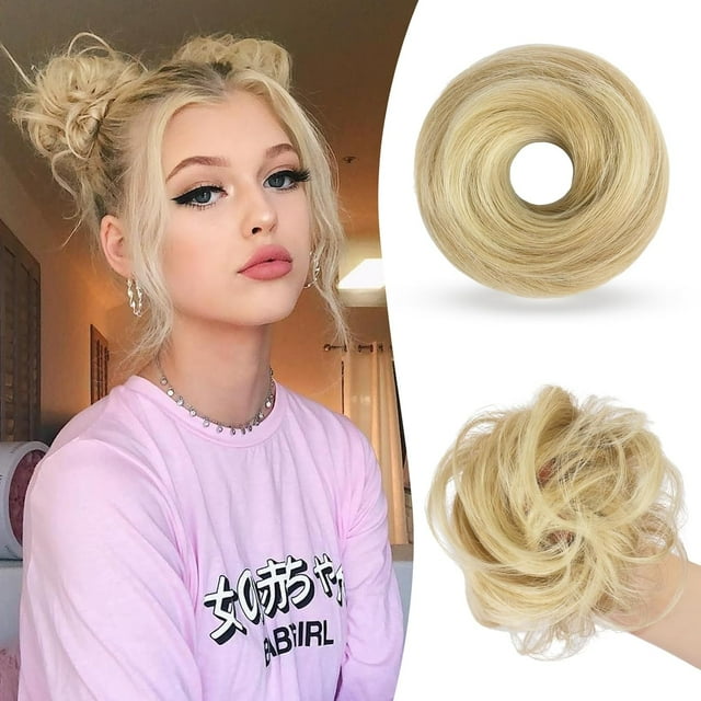 GHSDFBB SOFEIYAN 2 Pcs Pièce de Cheveux Chignon Décoiffé Ondulé Bouclé Extension Mini Chignon Décoiffé Chouchous Perruque Beigne Synthétique Accessoire Chignon Espace Pièces de Cheveux pour Femmes Filles, Blo Doré/blanchi
