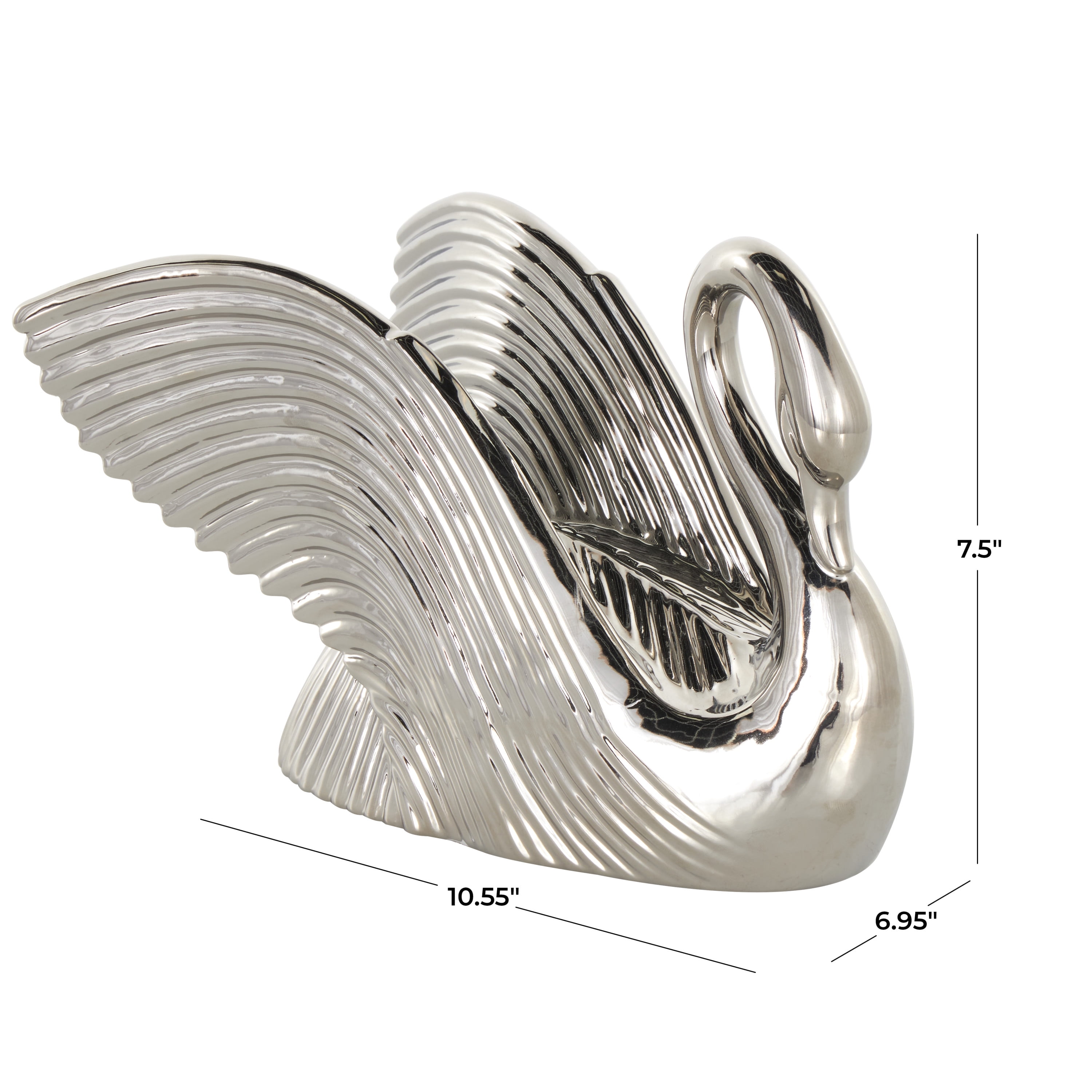 11" x 8" Silver Ceramic Swan Sculpture with Textured Grooves, by DecMode