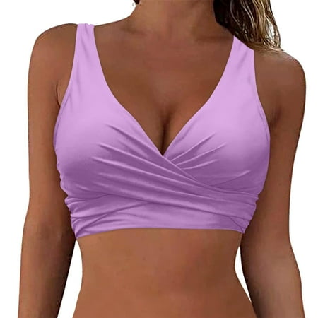 Push Up Bikini Top for Women Large Bust Bathing Suit Tops Halter Full Coverage Swim Top No Bottom Purple XL