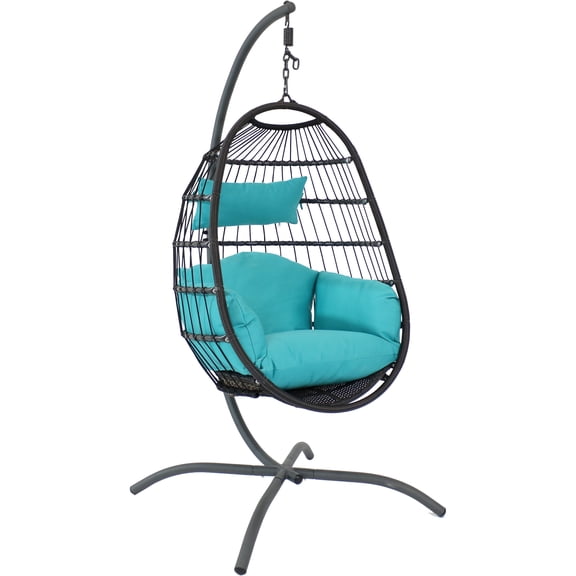 Sunnydaze Penelope Resin Wicker Egg Hanging Chair with Cushions and Stand, Turquoise