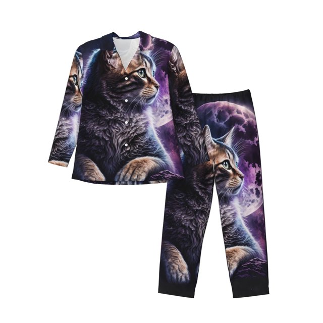 Fotbe Purple Moon Cat Pijama de Hombre con Estampado de Manga Larga, Conjunto de 2 Piezas, Ropa de Dormir Suave y Cómoda con Bolsillos-Medium