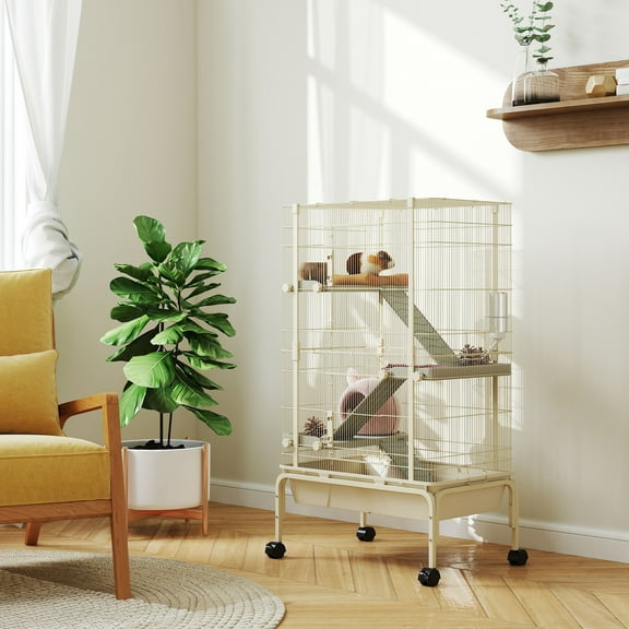 PawHut 4 Levels 47" Small Animal Cage, Large Rolling Metal Ferret Chinchilla Rabbit Cage with 5.9" Deep Tray, 3 Ramps, Water Bottle, Food Dish, Beige