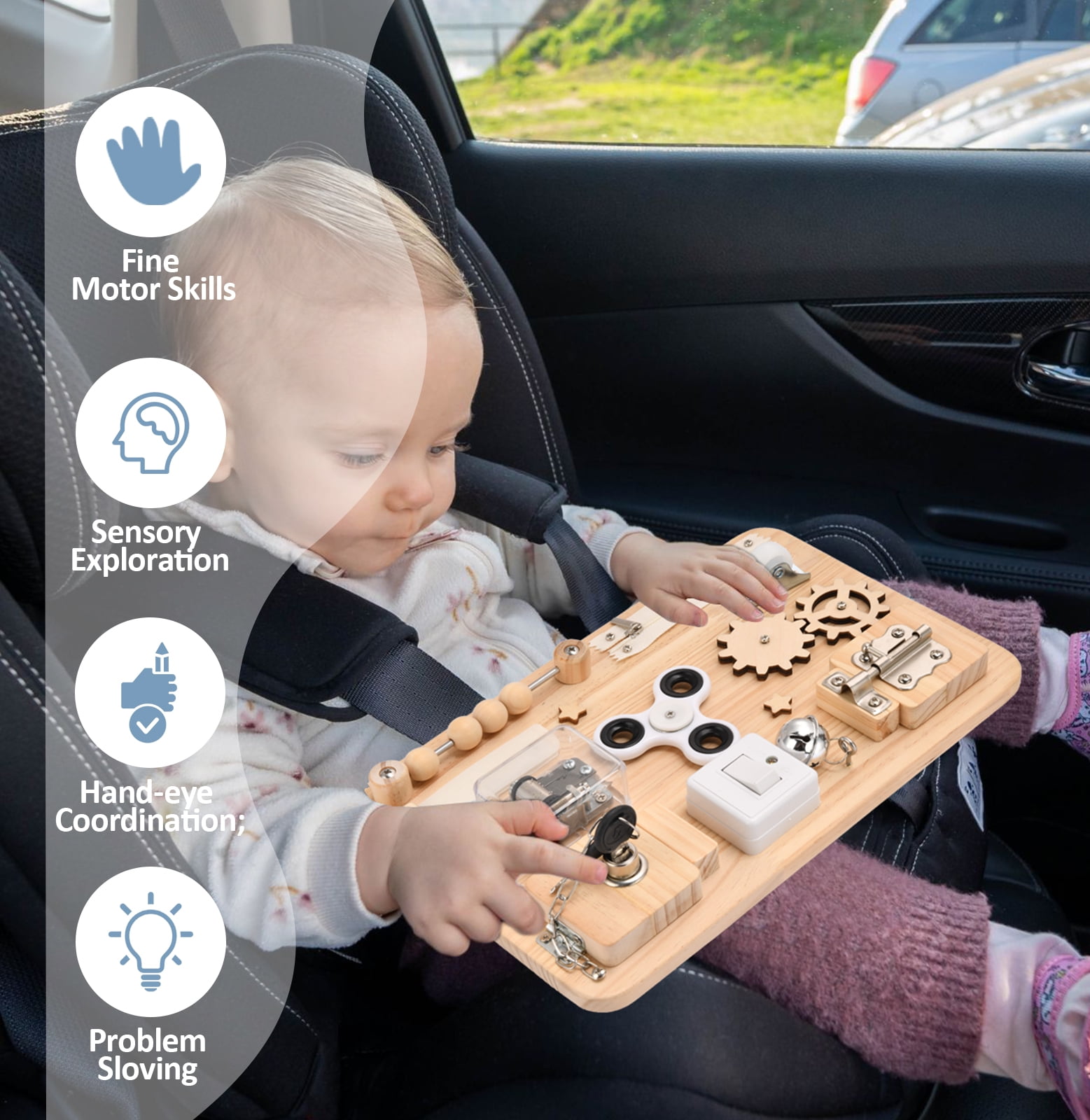 Montessori Wooden Busy Board for Toddlers – Sensory Activity Board Toys for Kids – Fine Motor Skills Educational Fidget Toy – Travel Toy for Baby Boys & Girls – Birthday Gift for Autism & ADHD