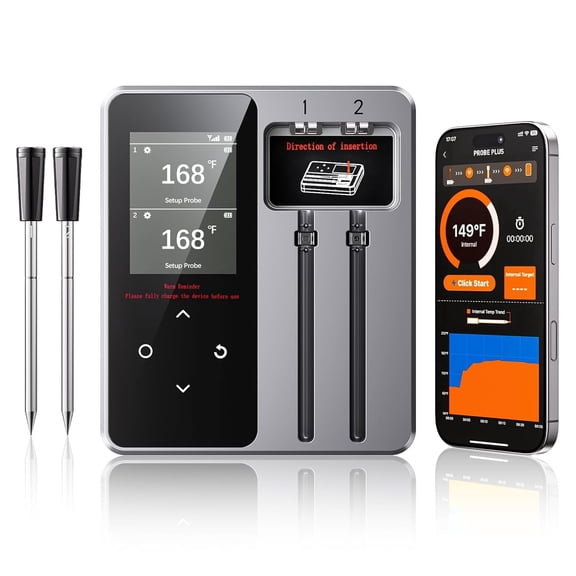 Wireless Smart Meat Thermometer with 2 Probes, Bluetooth 5.x Large LCD Screen Celsius/Fahrenheit Switchable, Smart Auto Sleep & Wake Up, Digital Cooking Thermometer for Oven Grill Smoker, Compatible