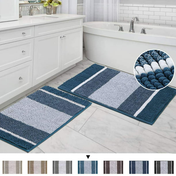 Super Thick Soft Ombre Striped Gy, Navy Blue Bathroom Rug Set