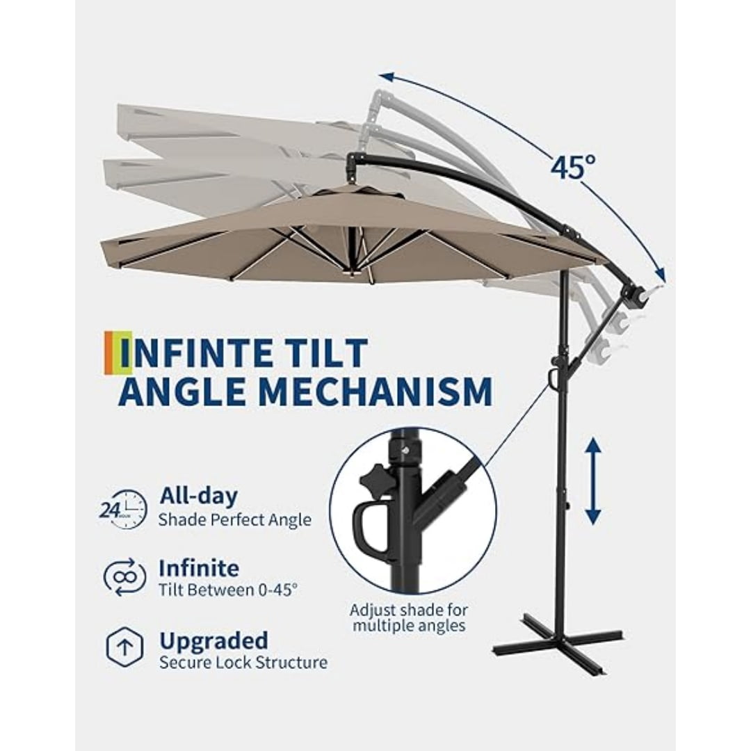 10FT Cantilever Patio Umbrella with Heavy-Duty Cross Base, Outdoor Offset Market Umbrella with Infinite Tilt & Easy Crank Lift – Waterproof, UV-Resistant, Wind-Resistant, Sturdy Aluminum Pole