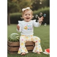 thumbnail image 6 of BemeyourBBs Infant Baby Girls Easter Chick Outfits Cute Girls Spring Clothes Long Sleeve Letter Print Romper Chicken Print Flared Pants Sets Headband Newbron Coming Home Outfit, 6 of 9