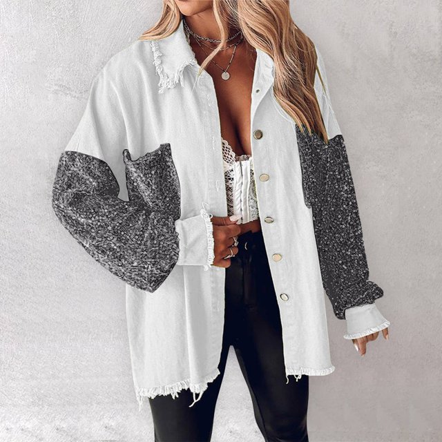 MPWEGNP Veste Femme Patchwork à Sequins Manches Longues Veste Boutonnée devant Surchemise en Denim Blanc TG