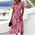 thumbnail image 2 of Bxsruta Women's Floral Print V Neck Short Sleeve Midi Dress Casual A Line Flowy Long Dress for Work Party Pull on Comfortable Elastic Waist Lightweight Everyday, 2 of 7