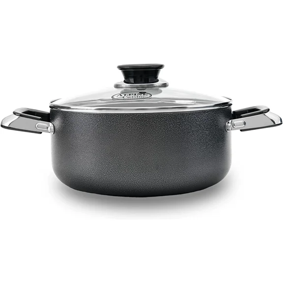 Alpine Cuisine 6 Quart Non-stick Stock Pot with Tempered Glass Lid and Carrying Handles, Multi-Purpose Cookware Aluminum Dutch Oven for Braising, Boiling, Stewing