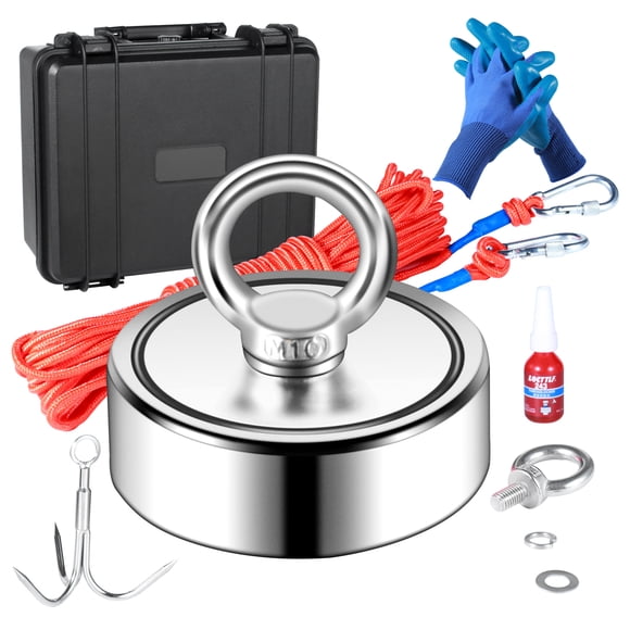 KFFKFF Magnetic Fishing Set, 1200lbs 2.95inch Diameter Dual-Faced Fishing Magnets, Powerful Neodymium Magnet accompanied by Sturdy 65FT Rope, Clasping Hook, Water-Resistant Case, Gloves, Threadlocker