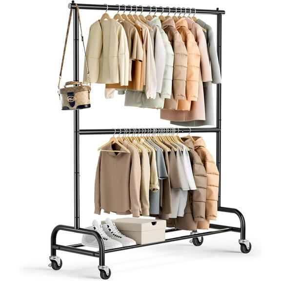 Heavy Duty Clothing Racks for Hanging Clothes Rack Double Rod Garment Rack Rolling Closet Wardrobe Rack on Wheels, Metal, Adjustable, Black