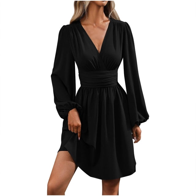 Manga Larga Vestido de Línea para las Mujeres Polka Impreso Cinco Cuartos de Mangas Acampanadas, Cuello Redondo Elegante