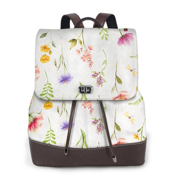 Wildflowers Women's Leather Backpack All-Over Print Bag for Work and Travel