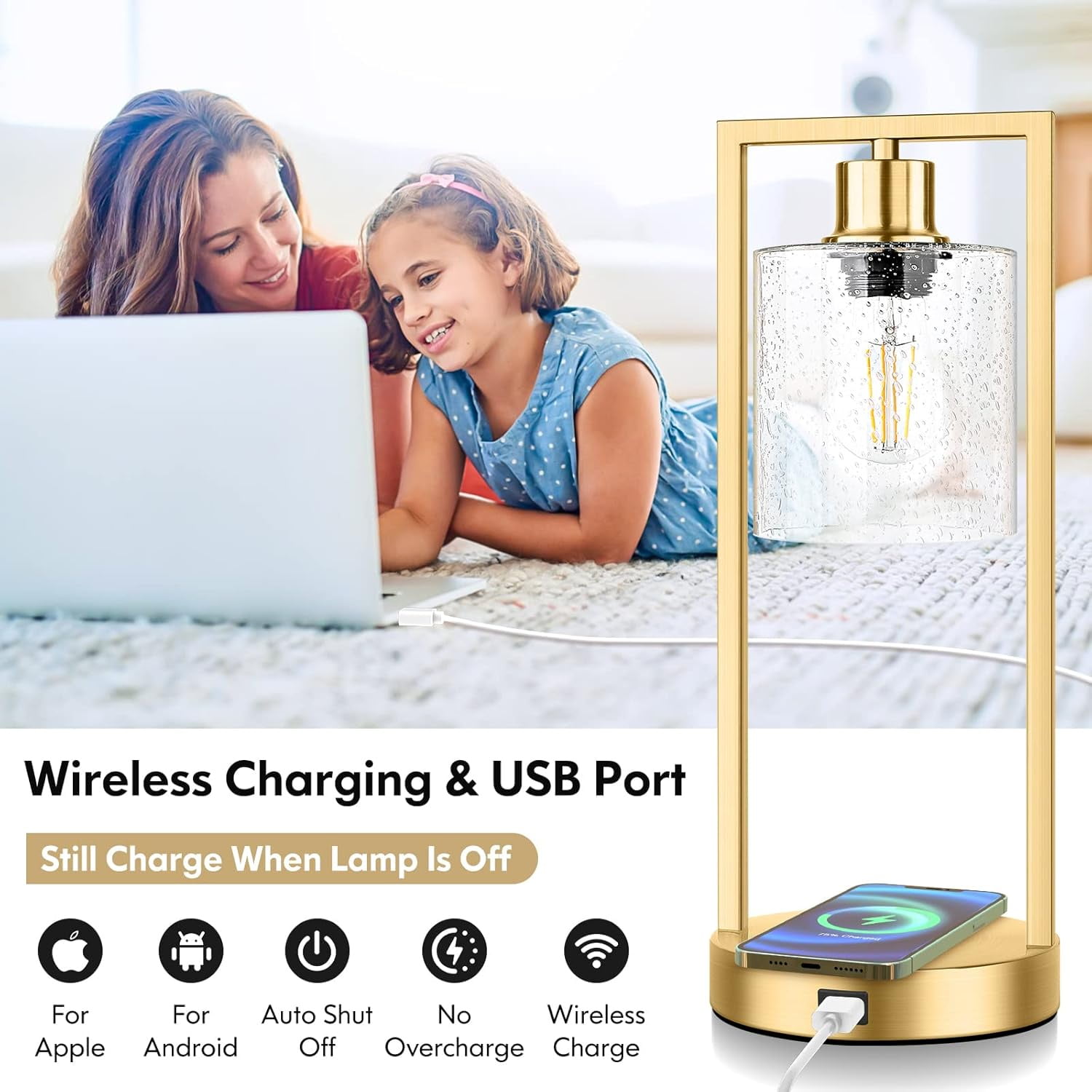 Set of 2 Wireless Charging Industrial Table Lamp, Gold