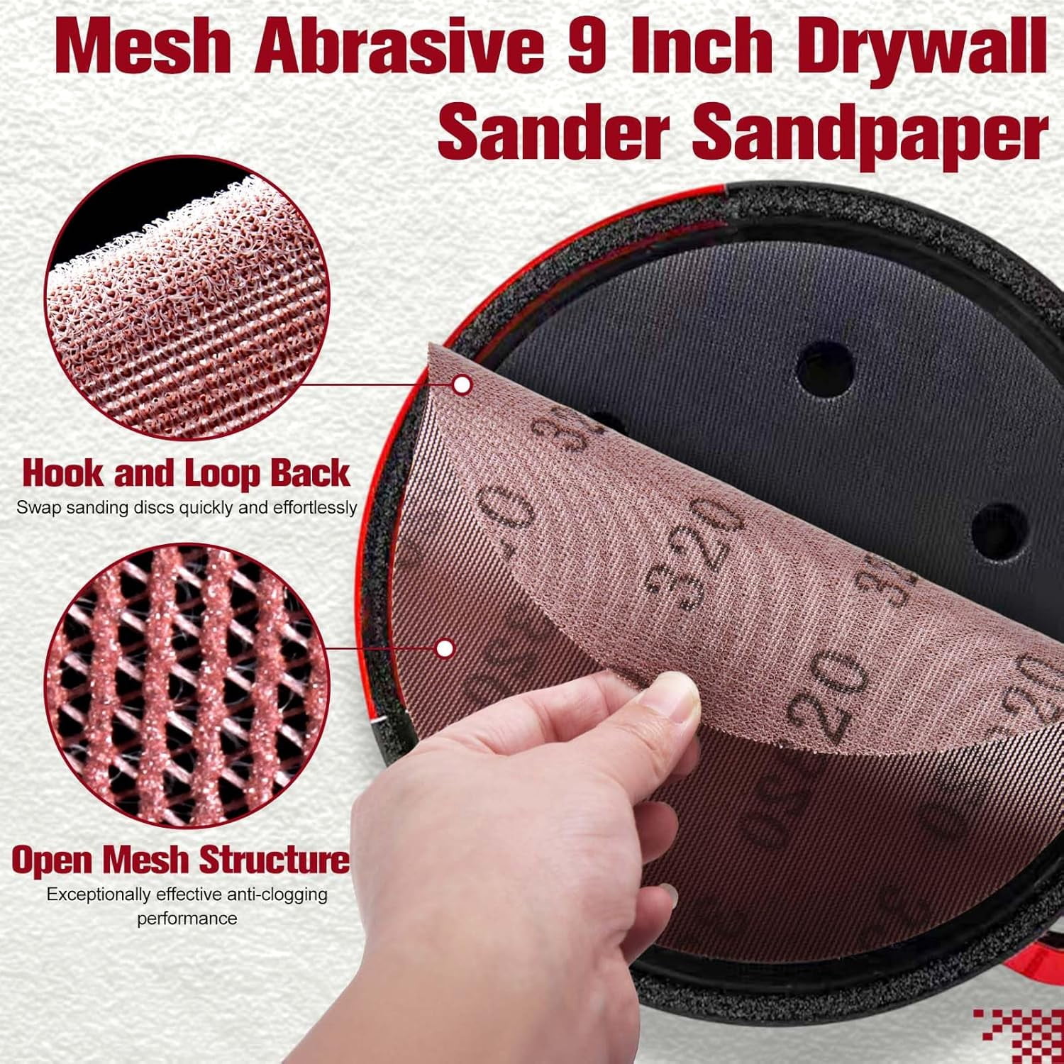 FRKSMD-15 Pack 9 Inch Mesh Abrasive Sanding Discs, 320 Grit Red Net Discs, Dust-Free Hook and Loop Drywall Sandpaper, Drywall Sander Sandpaper for Electric & Pole Sanders,Random Orbital Sander