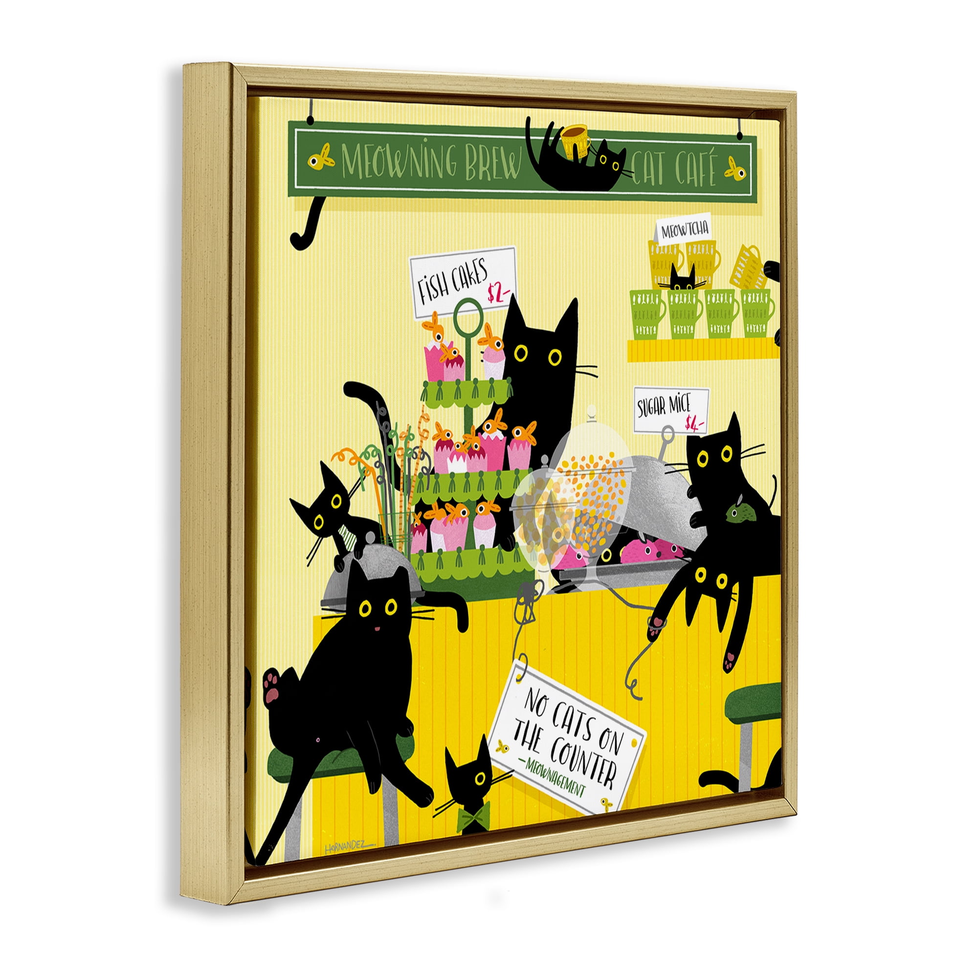 Stupell Industries Silly Cat Café Bakery Animals Painting Gold Floater Framed Canvas Art Print Wall Art, 18 x 18
