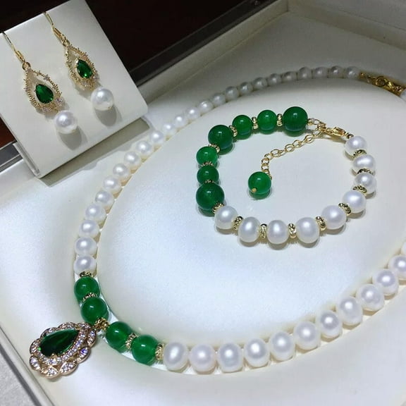 EOEMY Natural 8-9mm White Freshwater Pearl Jade Necklace Bracelet Earrings Set