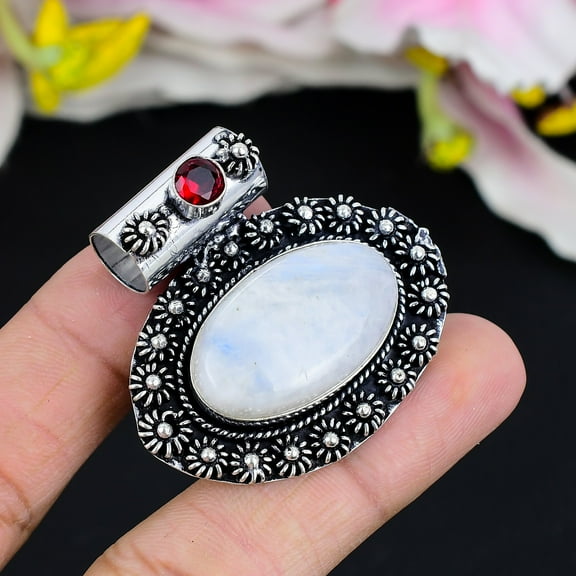 Moonstone, Garnet Gemstone 925 Sterling Silver Jewelry Pendant 1.65"