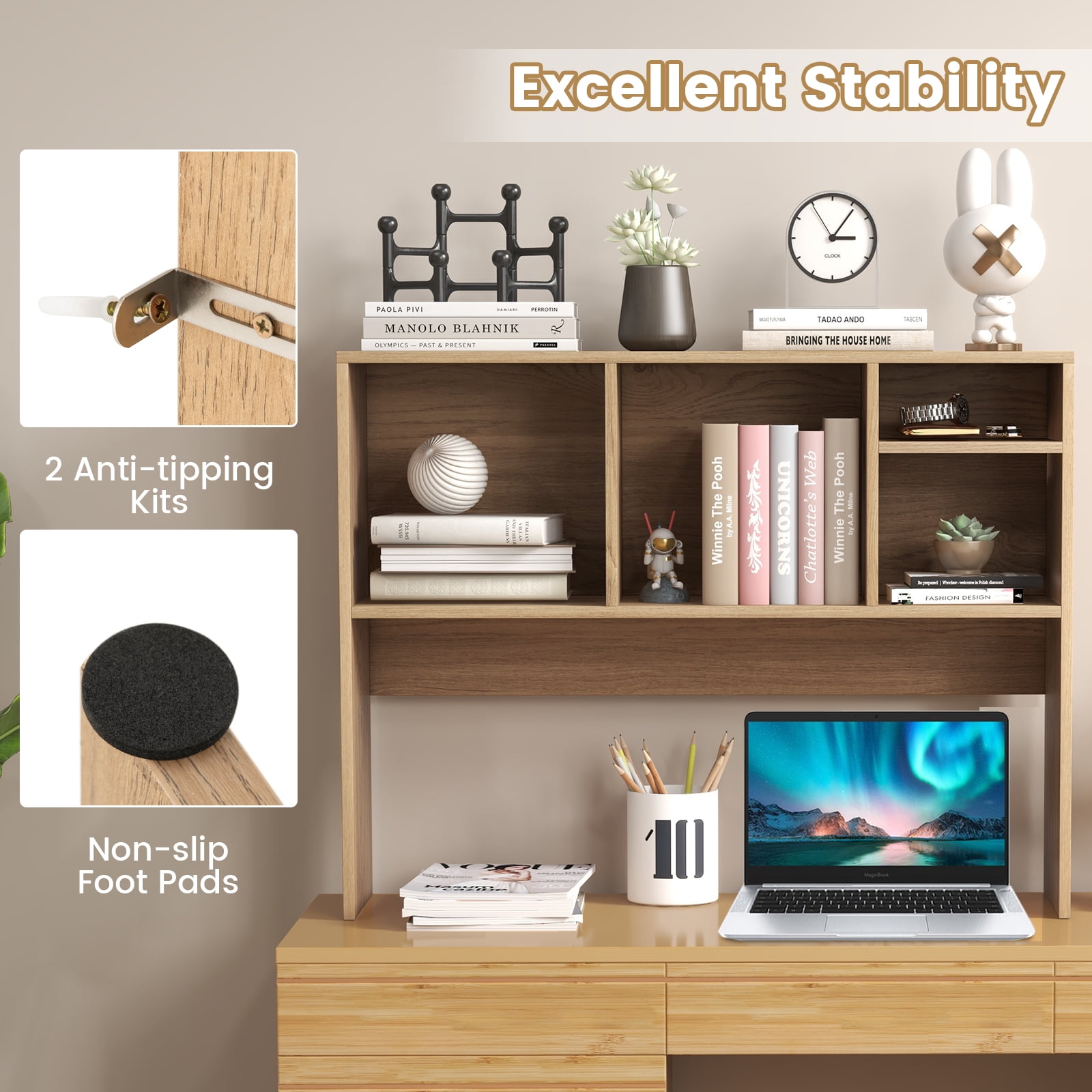 Giantex Desk Hutch, 2-Tier Desktop Organizer Shelf for Computer Desk, Wide Wooden Table Top Bookshelf, Countertop Storage Rack, Natural