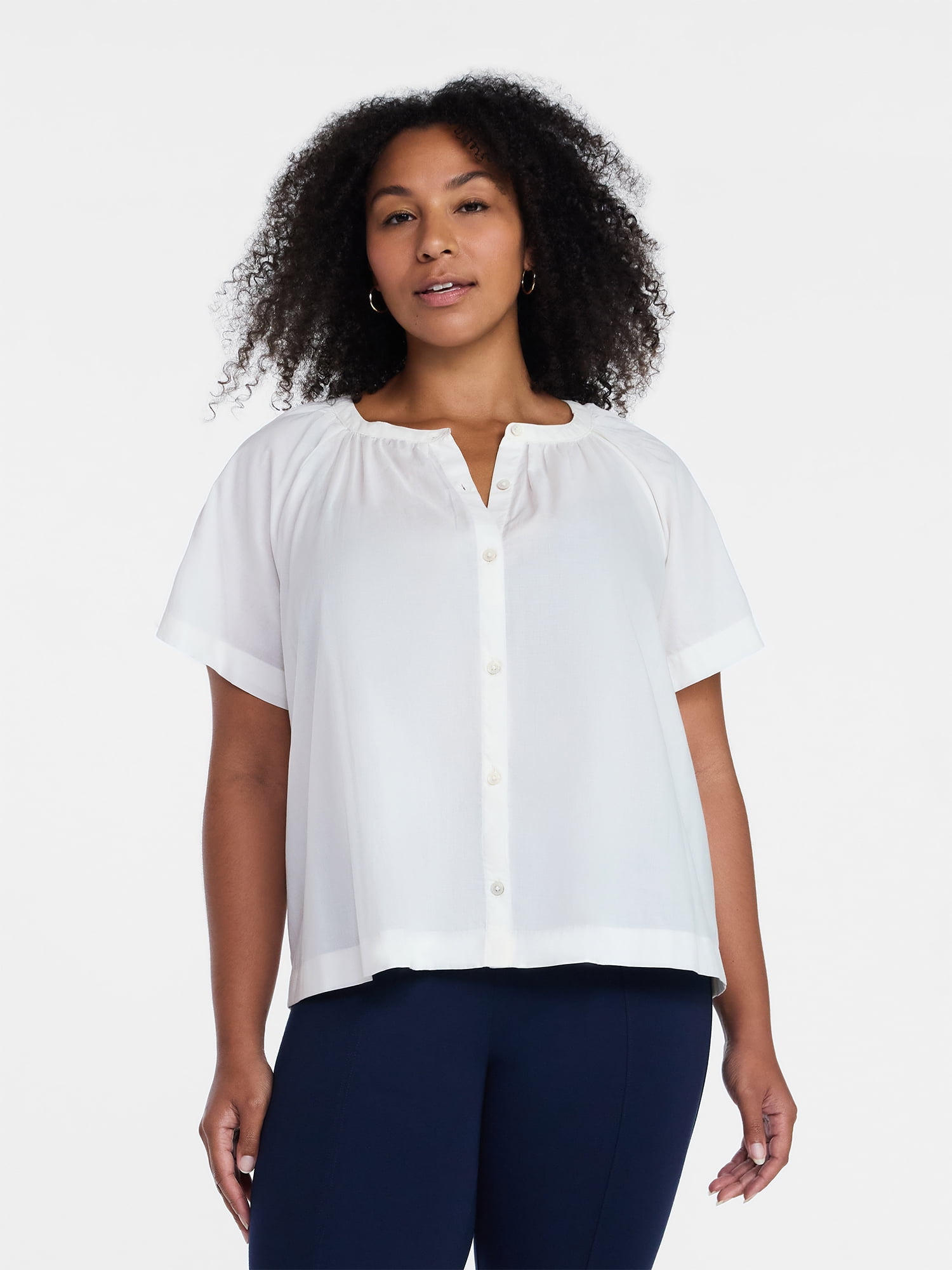 Time and Tru Women's Cotton Button Up Blouse with Short Sleeves, Sizes XS-XXXL