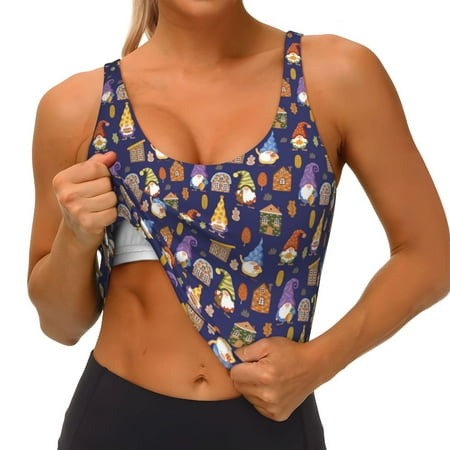 Qokaie Gnomes And Houses Pattern Womens Scoop Neck Sports Bra Breathable Workout Vest Padded U Back Medium Impact Fitness Gym Yoga Bra Workout Crop Top