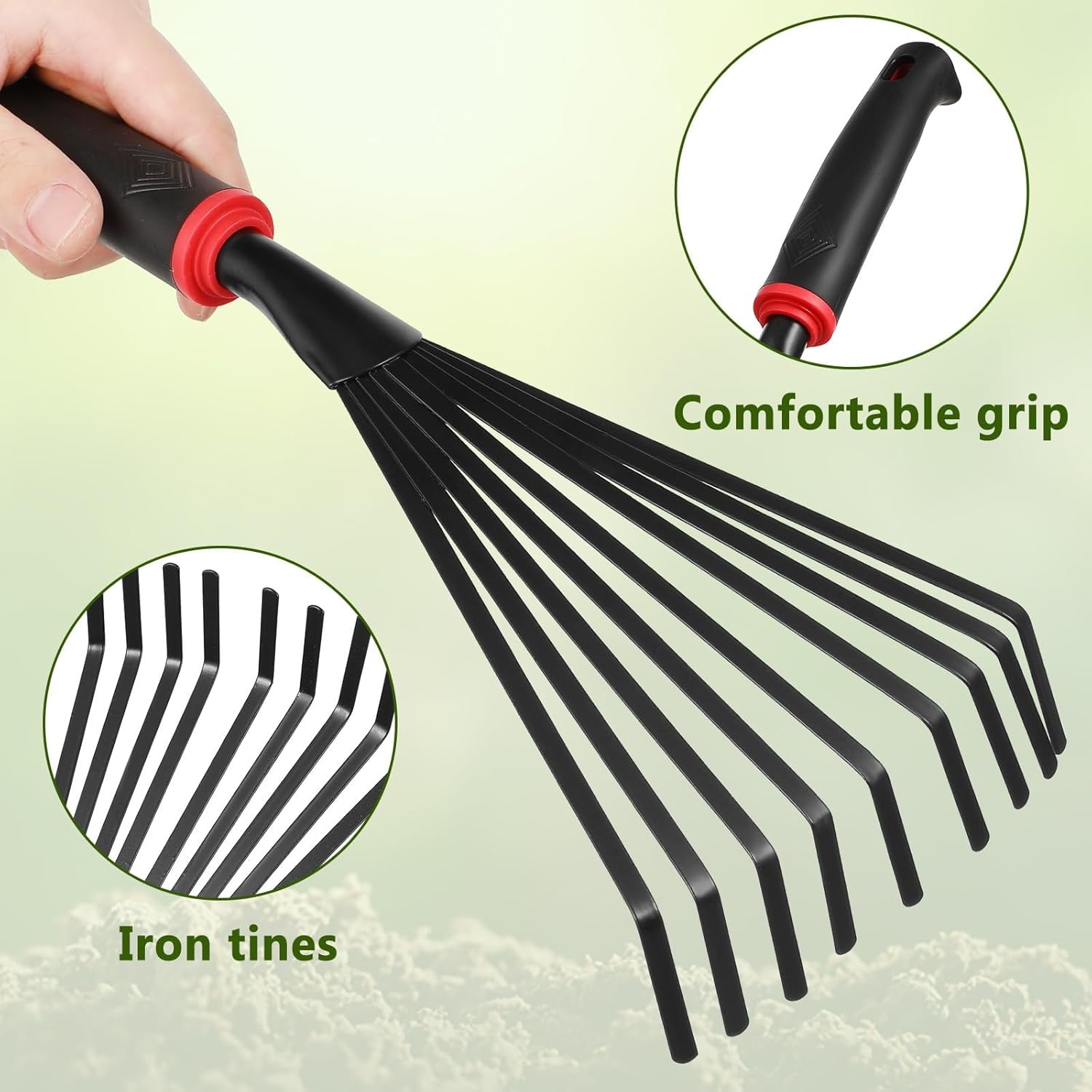 ABPETE 2pcs Gardening Hand Rakes Metal Ash Rakes Hand Tiller Mini Garden Cultivator Tools Portable Rake with Handle and 9 Tines for Yard Lawn Shrub Flower Beds