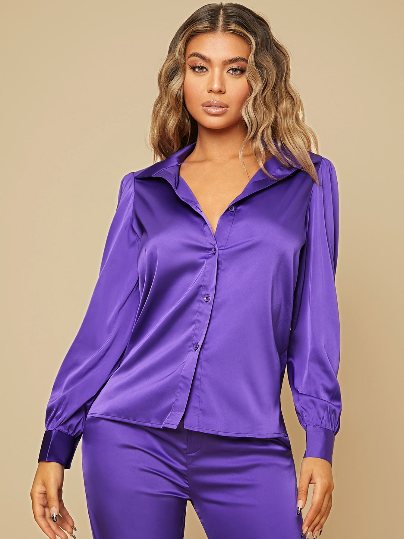 Purple Button Front Puff Sleeve Satin 