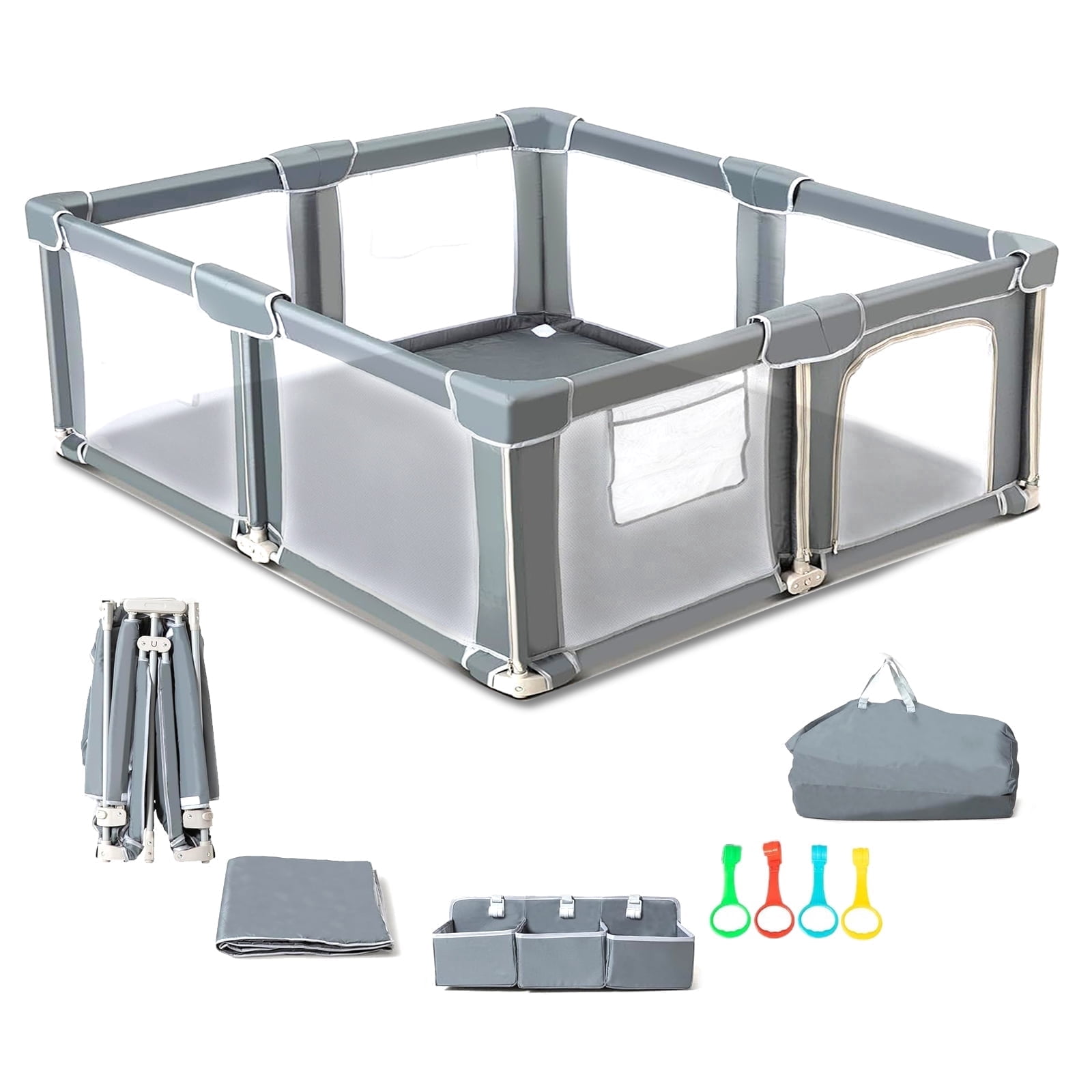 spanspace Foldable Baby Playpen 60"x72", Out-of-The-Box Ready Playpen for Babies and Toddlers, Portable Play Yard with Breathable Mesh & Gates, Storage Bag & 4 Handlers for Indoor & Outdoor