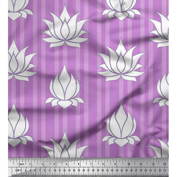Soimoi Purple Poly Georgette Fabric Stripe & Artistic Lotus Floral Printed Fabric 1 Yard 52 Inch Wide