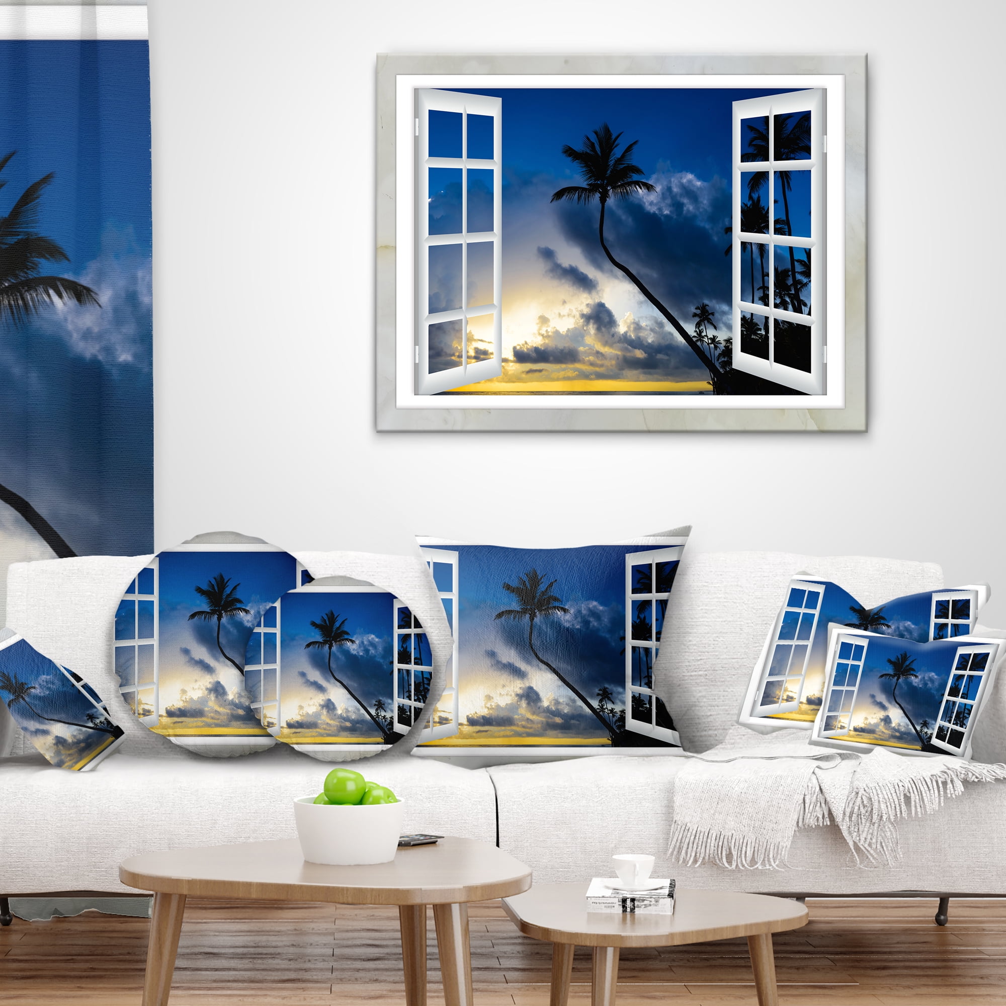 Designart Window to Beach with Coconut Palms - Landscape Printed Throw Pillow - 16x16