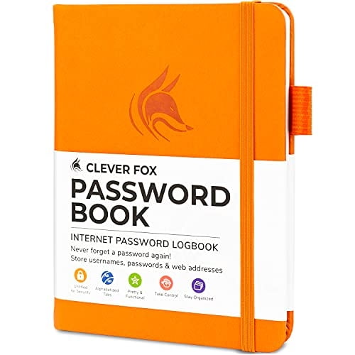 Libro contraseñas Clever Fox. Organizador direcciones y contraseñas en Internet. Cuaderno registros con pestañas alfabéticas. Diario pequeño tamaño bolsillo para inicios de sesión (Naranja)