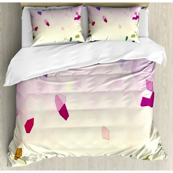 Glitch Duvet Cover Set King Size, Pastel Colors Polygonal Look Stained Glass Inspired Simplistic Pattern, Decorative 3 Piece Bedding Set with 2 Pillow Shams, Khaki Cream Baby Pink, by Ambesonne