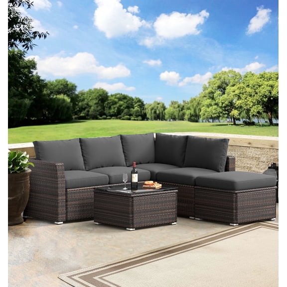 4 Pieces Patio Furniture Sets Outdoor Conversation Set, All Weather PE Rattan Sectional Sofa Couch with Table and Cushions, Gray