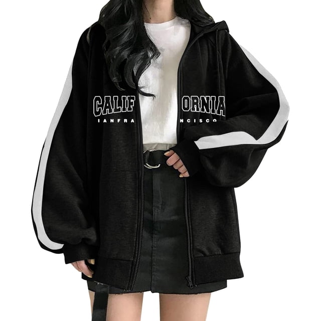 Gibobby chaquetas elástica ligera Sudadera con capucha para mujer Estampado con cremallera Sudadera con capucha Suelta Streetwear Chaqueta Sudaderas con capucha altas para mujer (Negro, L)