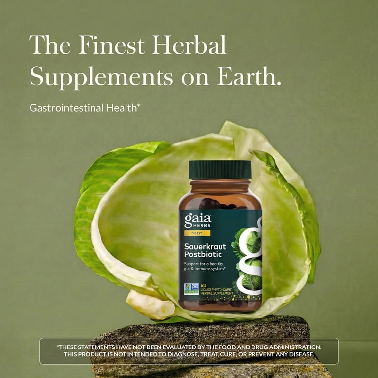 Gaia Herbs Sauerkraut Postbiotic, 60 Vegan Liquid Caps, Gut