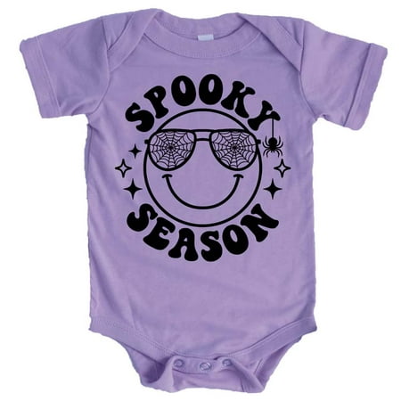 

Spooky Season Smiley Face Halloween Shirts and Bodysuits for Infant Baby and Toddler Youth Girls Black on Purple Bodysuit 18 Months