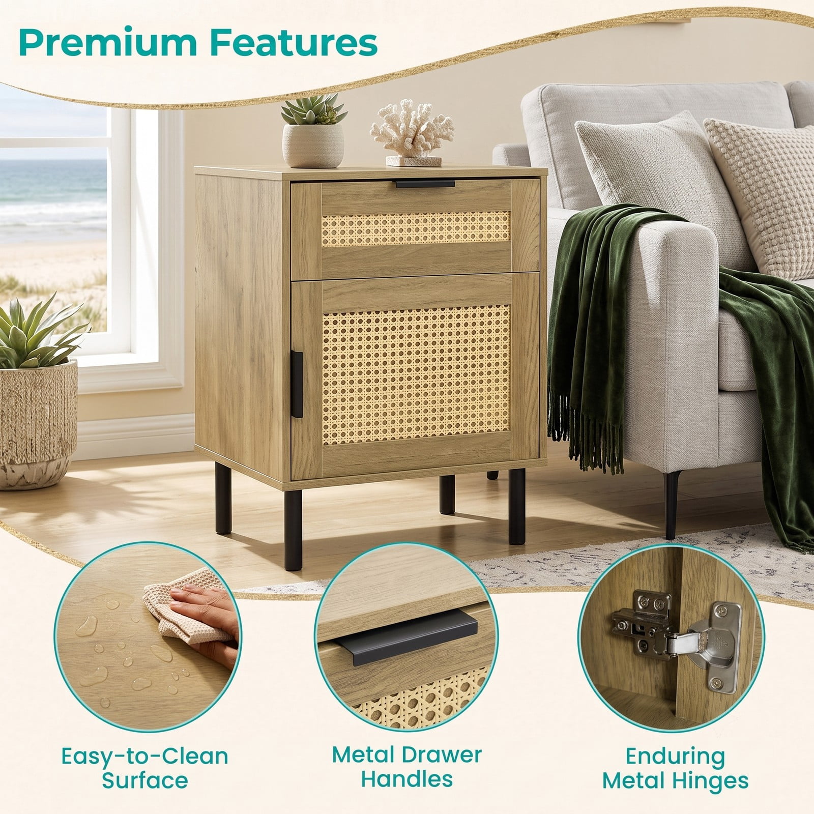 Furnibear Rattan Nightstand with Drawer and Storage Cabinet as a Bedside Table for Bedroom Dorm and Living Room, Natural