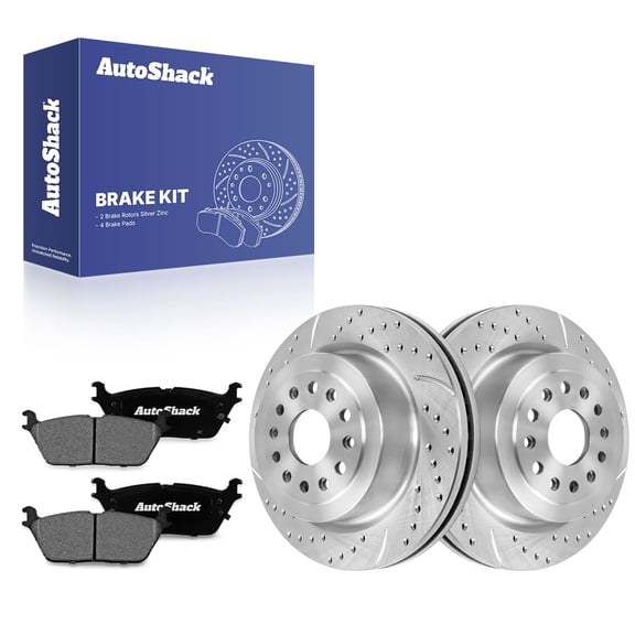 AutoShack Rear Vented Drilled & Slotted Silver Zinc Coated Brake Rotors   Ceramic Pads 6-PC Brake Kit Replacement for 2019-2025 Ram 1500 SilverShield Pro 14.76" (375 mm)