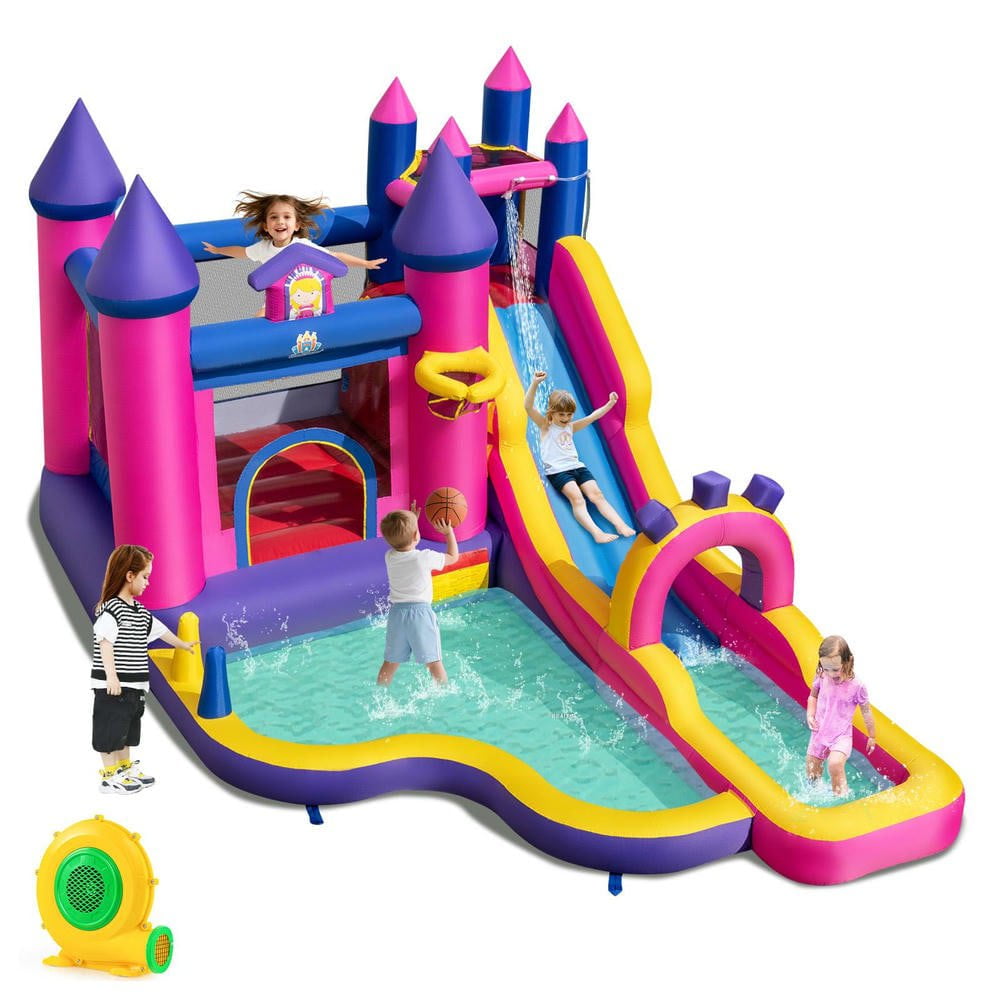 Resenkos Princess Themed Inflatable Water Slide Bounce Castle with Climbing Wall - Equipped with 680W Blower - Multicolor