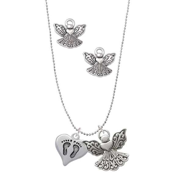 Delight Jewelry Silvertone Heart with Baby Feet Silver tone Guardian Angel Charm Necklace and Stud Earrings