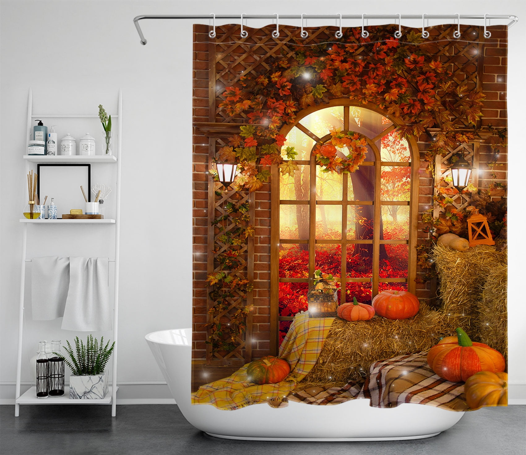 HVEST Fall Shower Curtain,Thanksgiving Pumpkin Bathroom Shower Curtain with Hooks Rustic Autumn ...