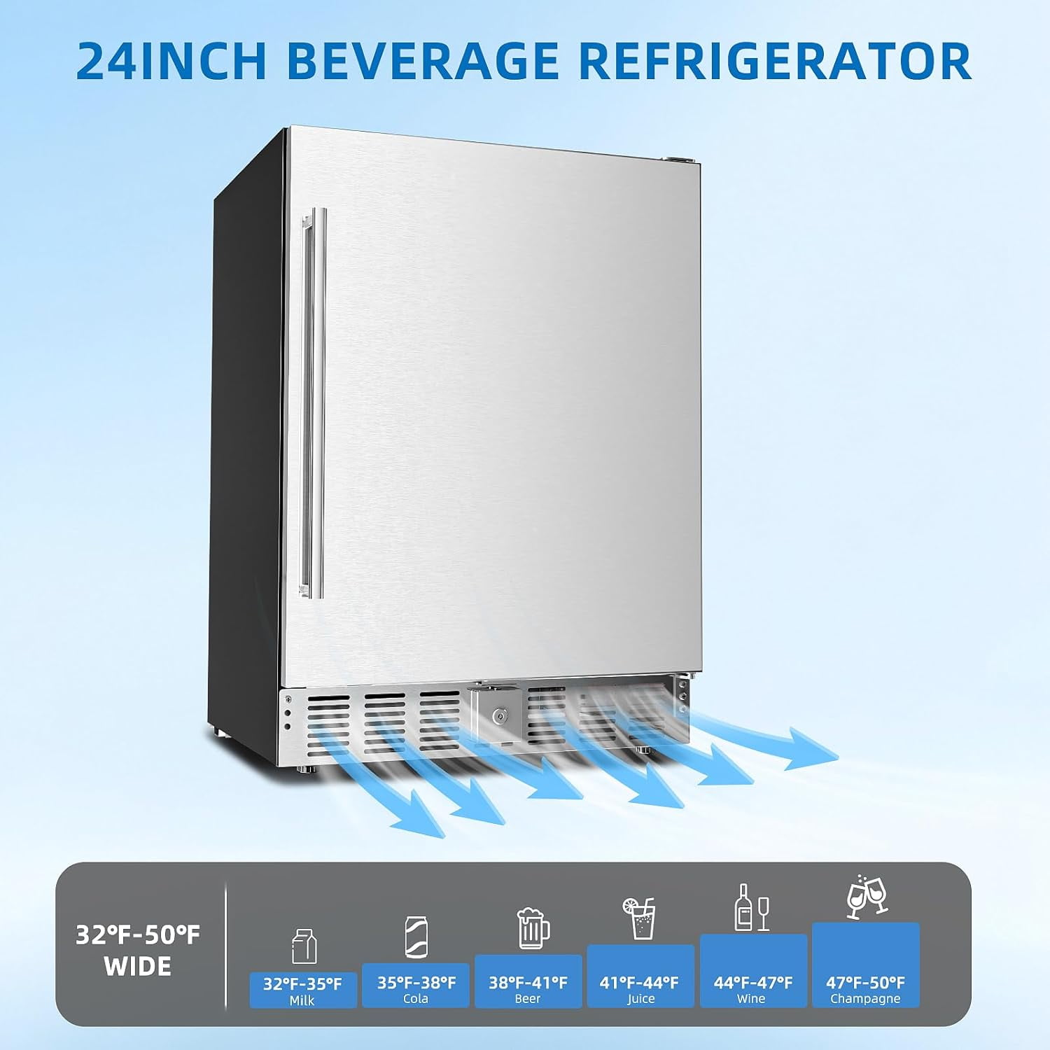 FREE VILLAGE 24 inch Outdoor Beverage Refrigerator,5 Cu.ft / 180 Cans Stainless Steel Mini Fridge for Undercounter or Freestanding,32-50°F Fast Cooling Wine Cooler for Home Patio Kitchen Bar